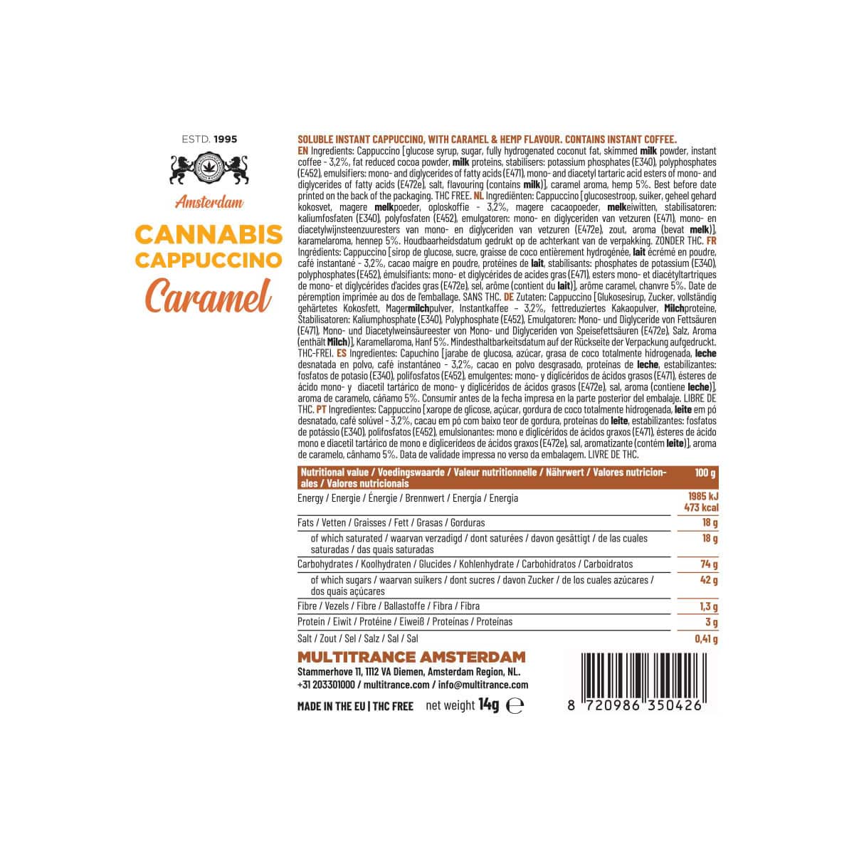 Multitrance Cannabis Coffee Instant Cappuccino: Caramel - 10mg (10 Sachets)