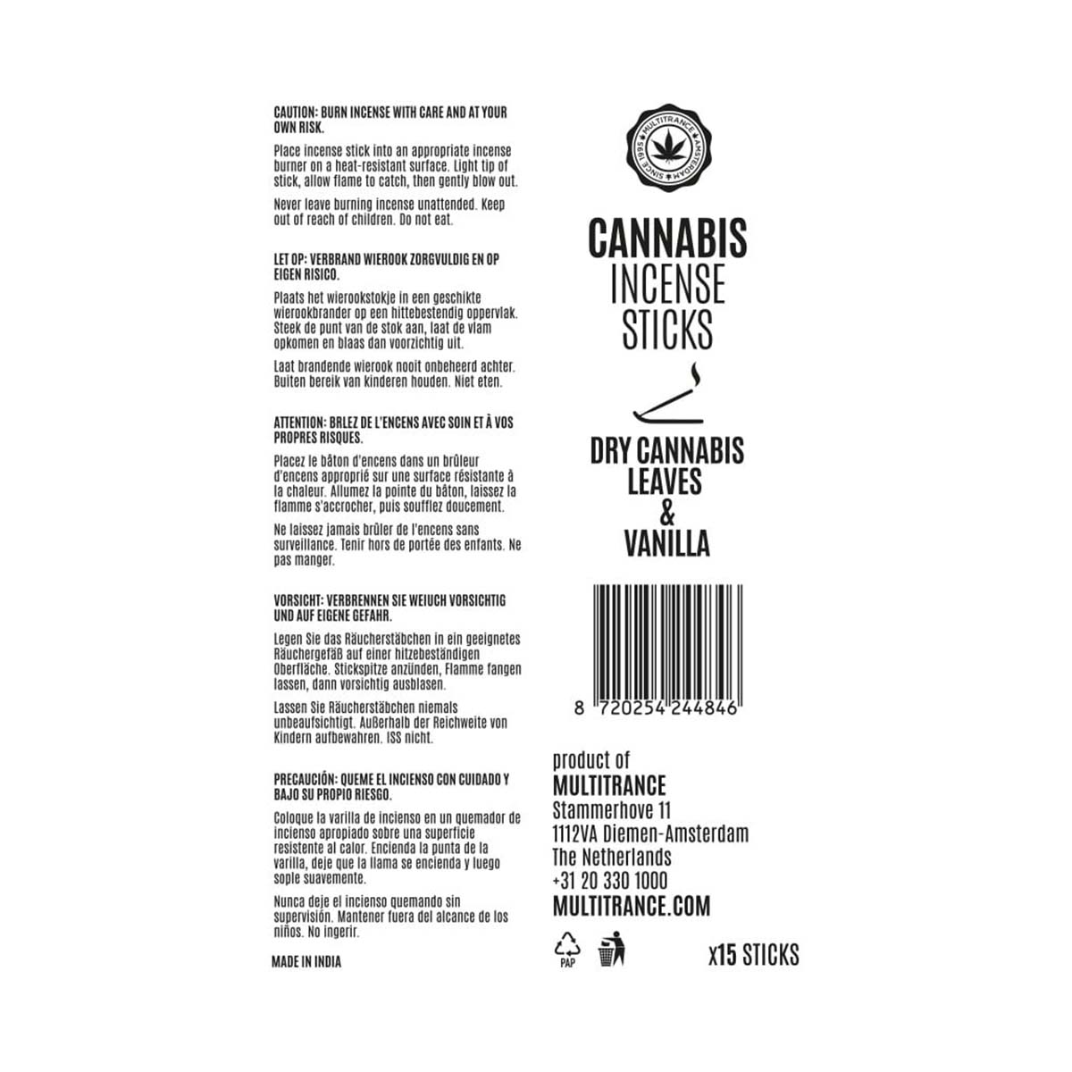 Cannabis Incense Sticks Dry Cannabis & Vanilla (6 Pack)