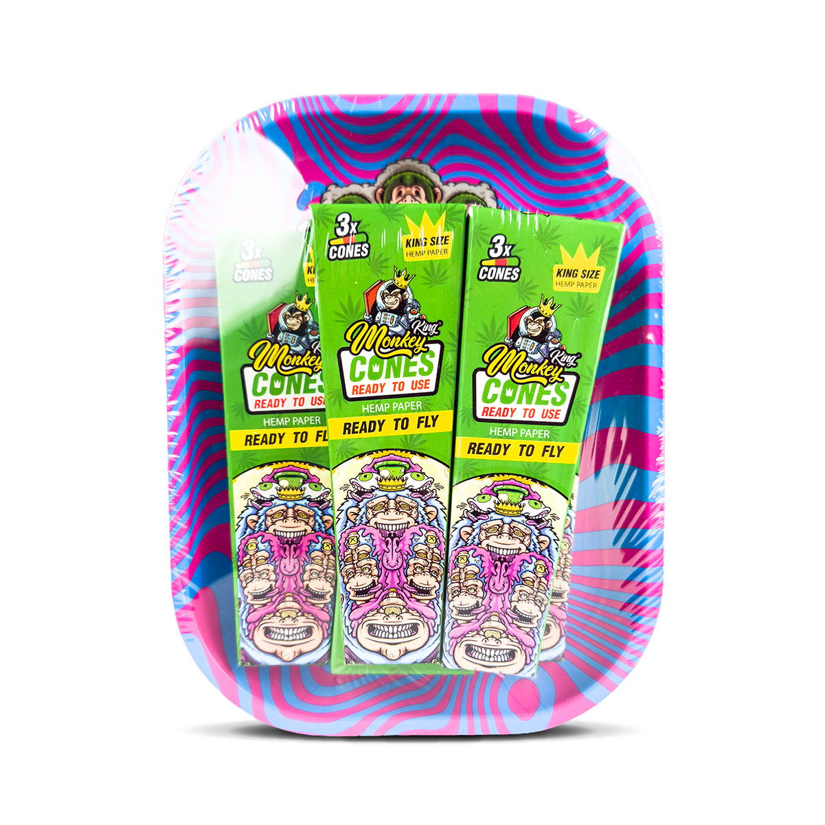 Monkey King Rolling Tray Box + Hemp Cones: Psychedelic (Single Piece)