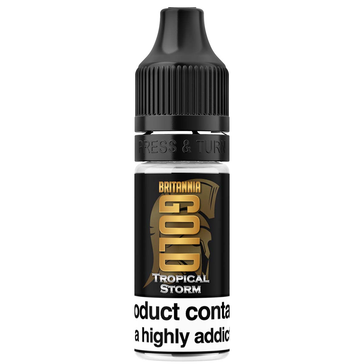 Vape juice bottle labeled 'Britannia Gold' with black and gold design on a white background.