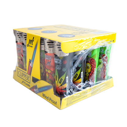 Clipper Jet Flame Lighters - Rasta Leaf (24 Pack)