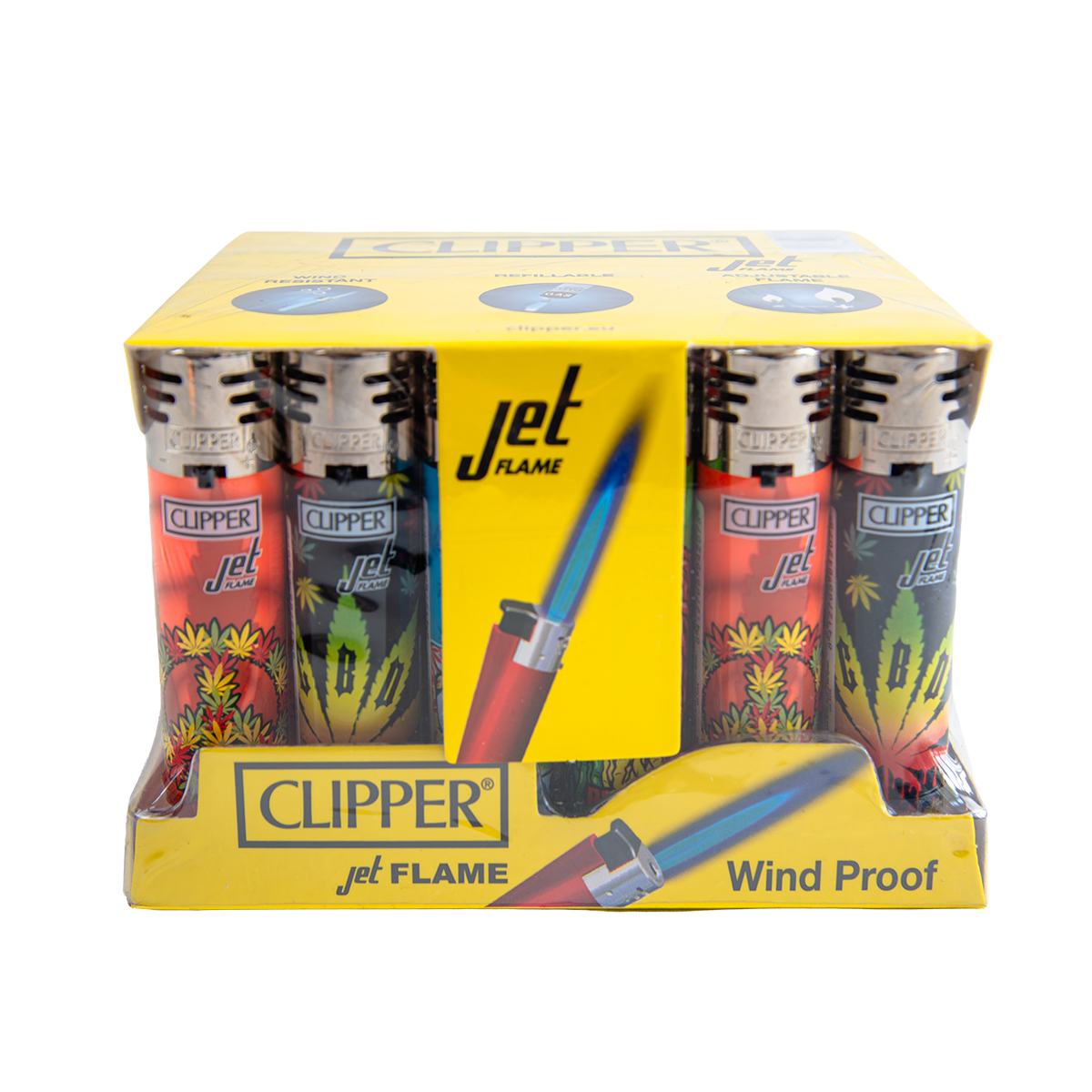 Clipper Jet Flame Lighters - Rasta Leaf (24 Pack)