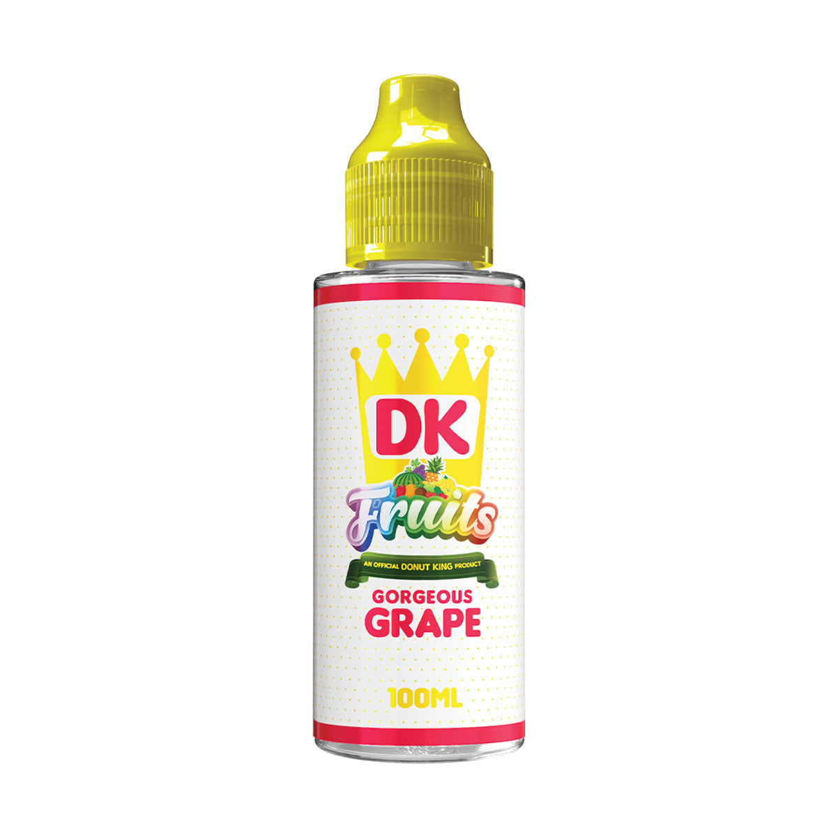 DK Fruits gorgeous grape vape juice bottle with yellow cap on a white background