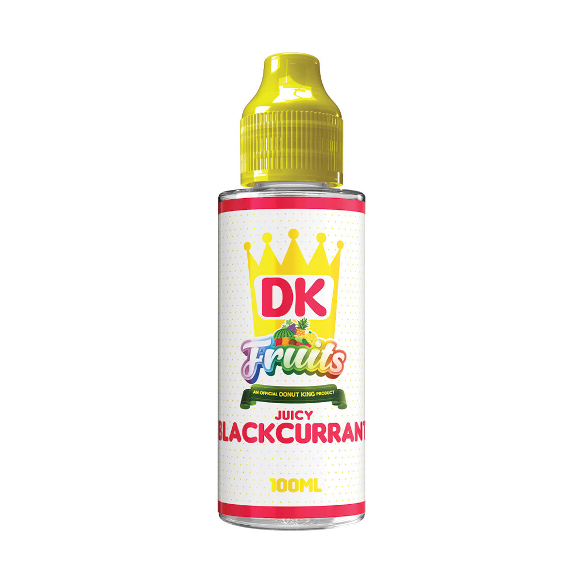 Bottle of DK Fruits Juicy Blackcurrant e-liquid with yellow cap on a white background