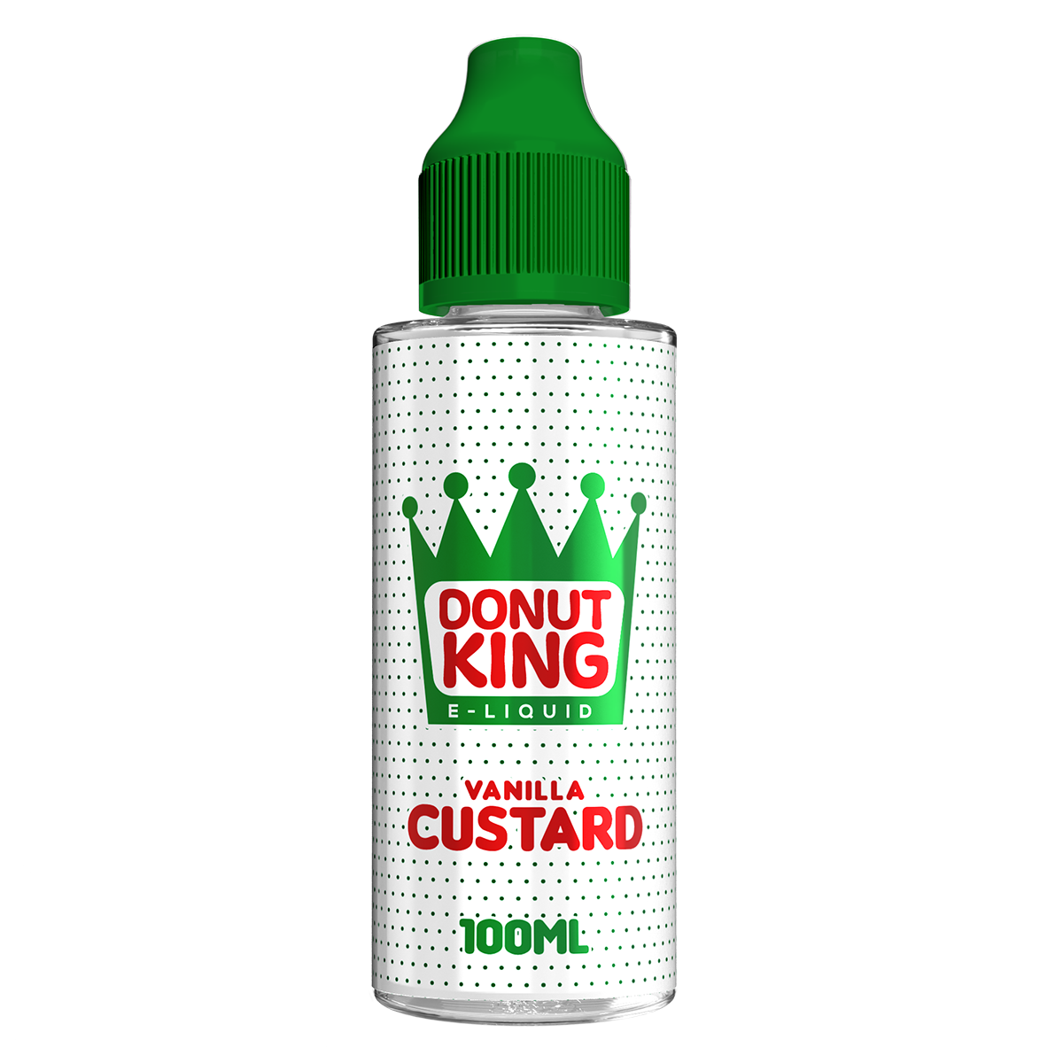 Donut King Vanilla Custard eliquid bottle with green cap on a white background