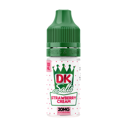 DK Salts Strawberry Cream e-liquid bottle with green cap on a white background