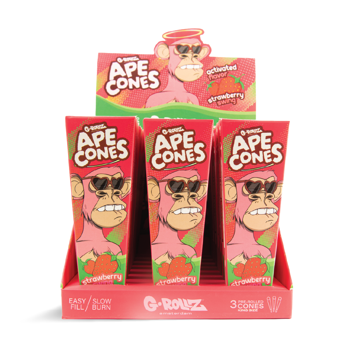 G-Rollz Ape King Size Pre-Rolled Cones: Strawberry Swing - 3 Cones (24 Pack)