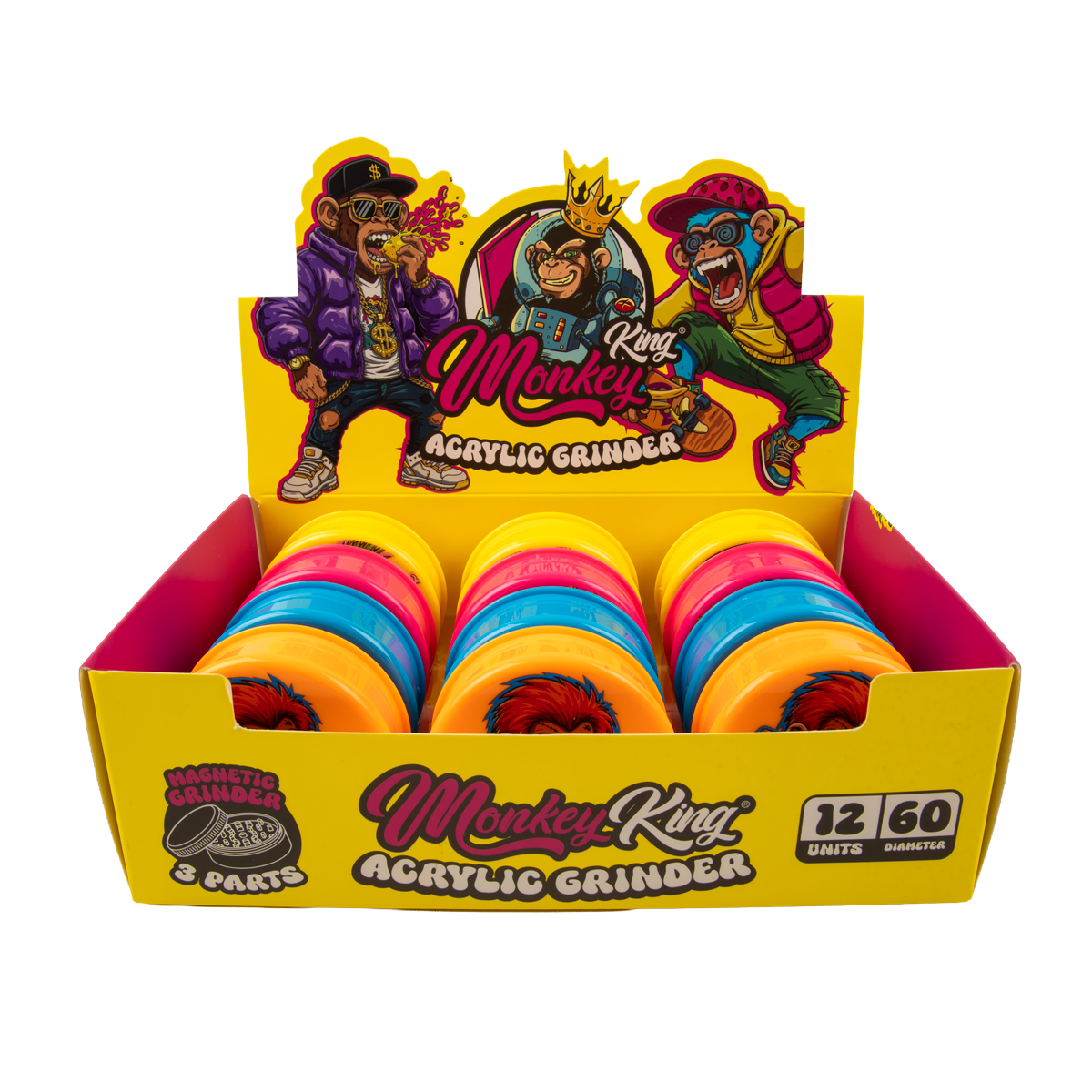 Monkey King Acrylic 3 Part Grinders - (12 Pack)