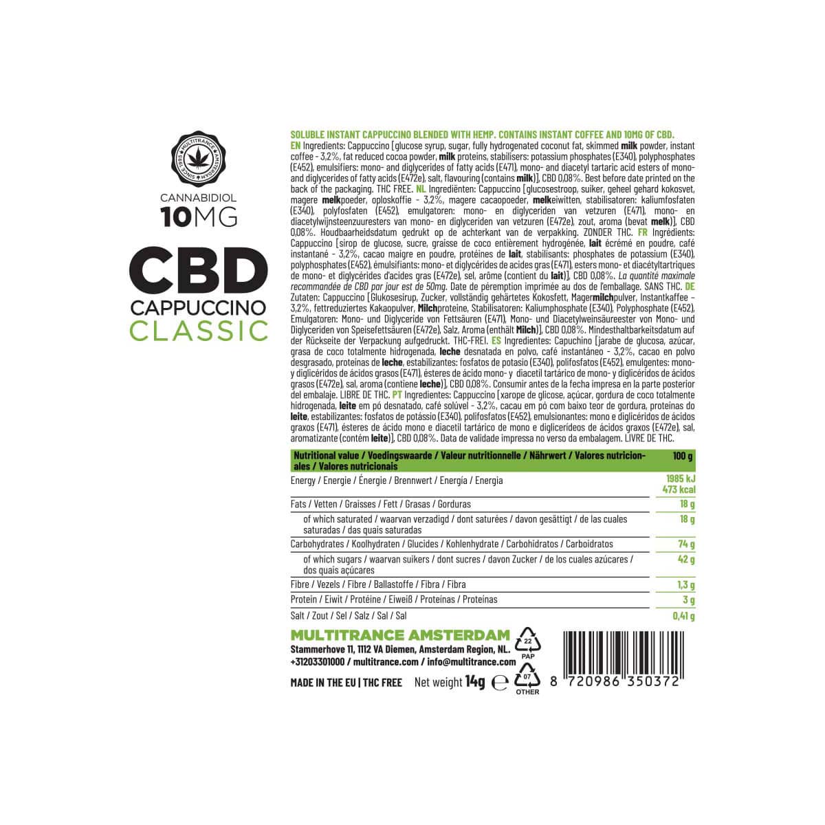 Multitrance Hemp CBD Coffee Instant Cappuccino: Classic - 10mg (10 Sachets)