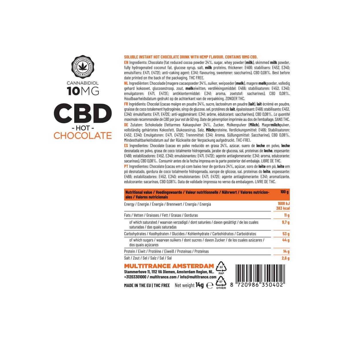 Multitrance Hemp CBD Hot Chocolate: 10mg (10 Sachets)