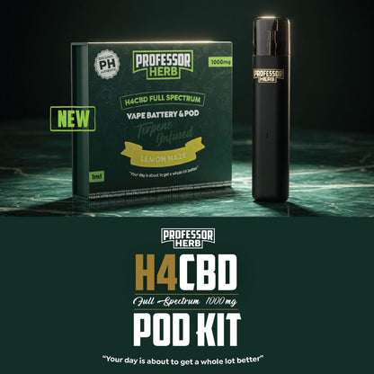 Professor Herb H4CBD Full Spectrum vape battery and pod kit on a dark background