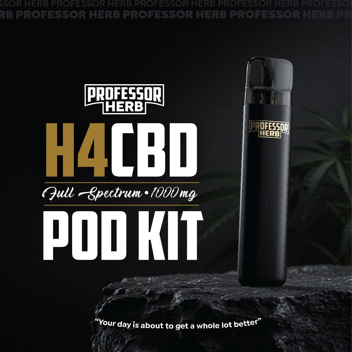 Black 'Professor Herb' H4CBD pod kit on a dark background with branding text.