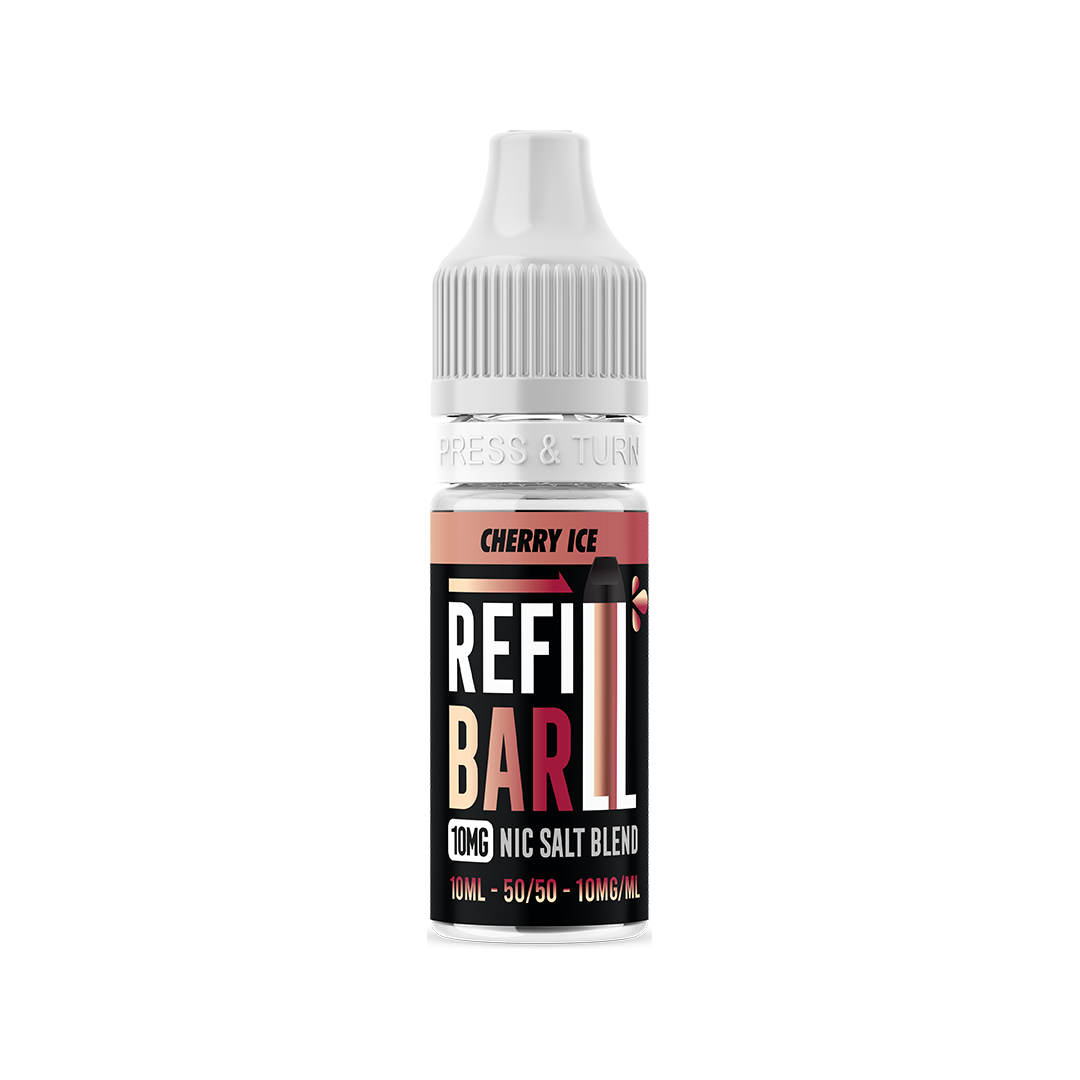 Vape juice bottle with 'Refill Bar' label on a white background