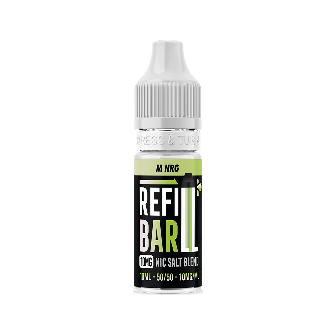 Refillable vape juice bottle with a black and green label on a white background