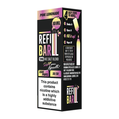 Refillable vape device packaging with colorful text on a white background