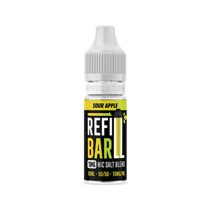 Refill Bar vape juice bottle with yellow and black label on a white background