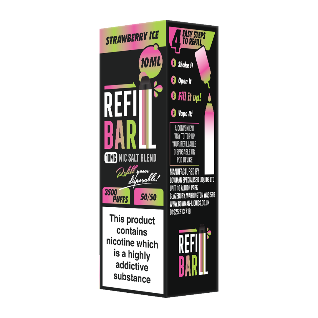 Refillable vape device packaging with colorful text and graphics on a white background