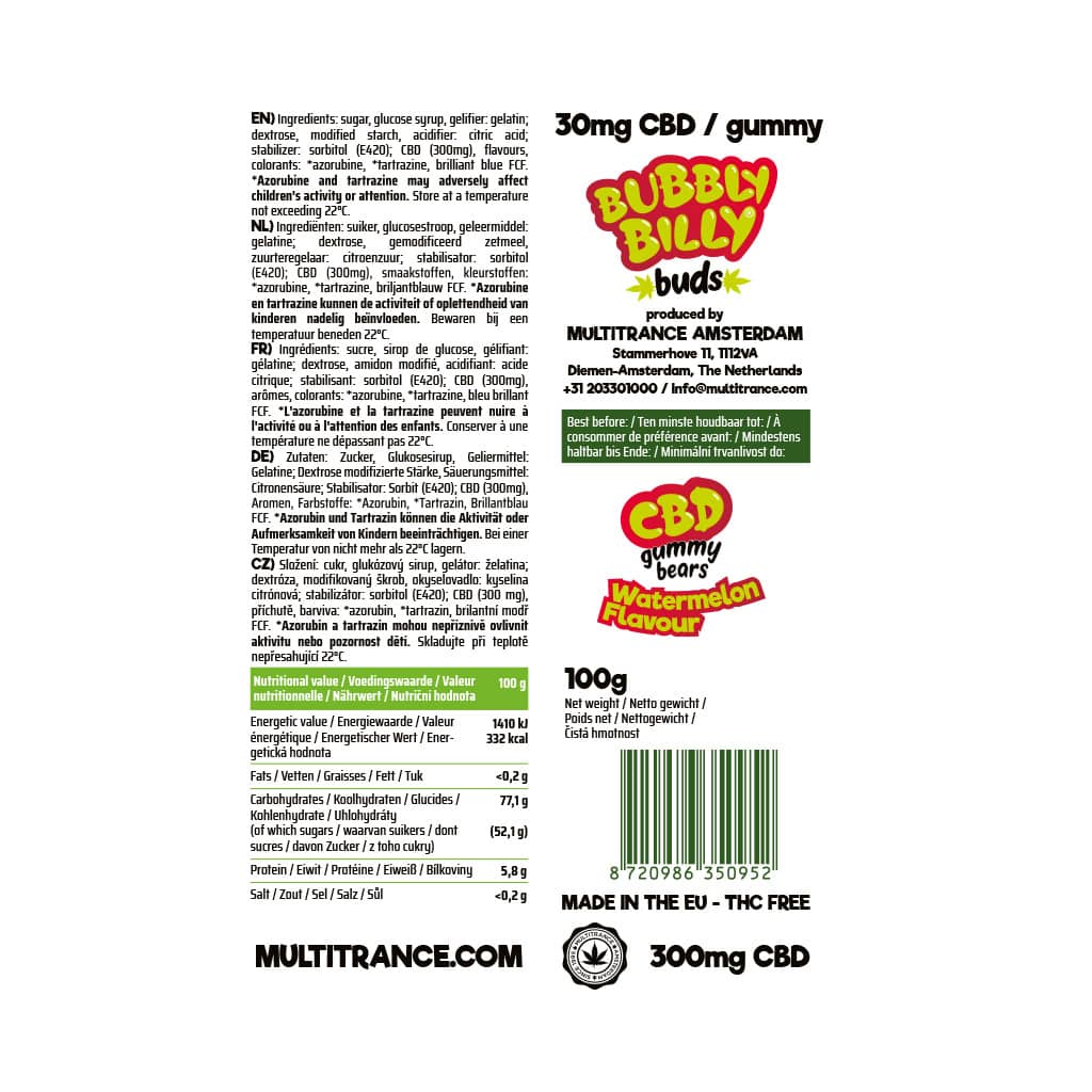 Bubbly Billy CBD Gummy Bears: Watermelon - 300mg