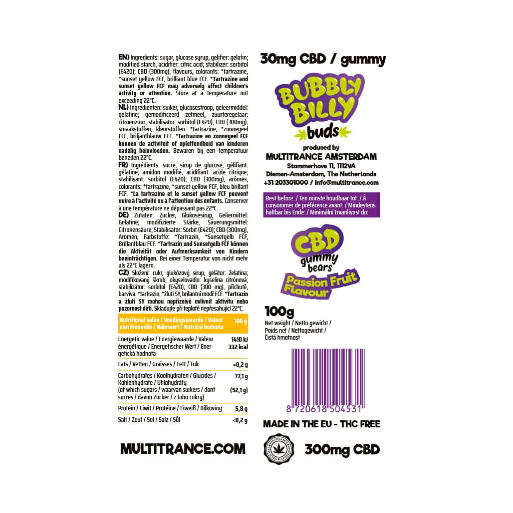 Bubbly Billy CBD Gummy Bears: Passion Fruit - 300mg