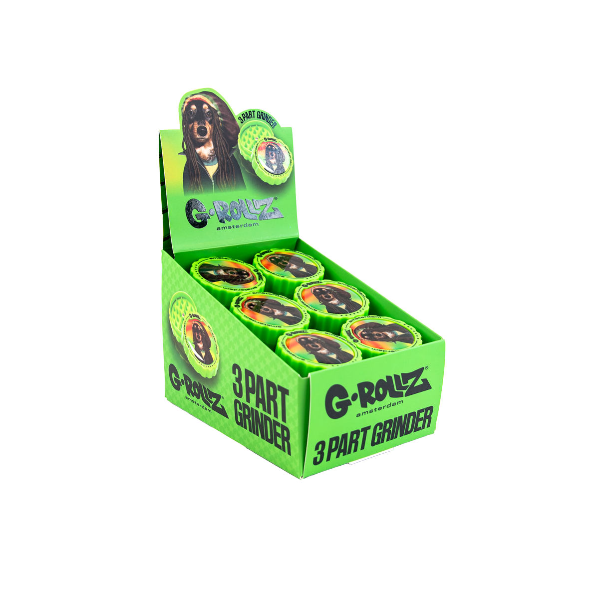 G-Rollz Rasta Dog 3 Part Grinders - (18 Pack)