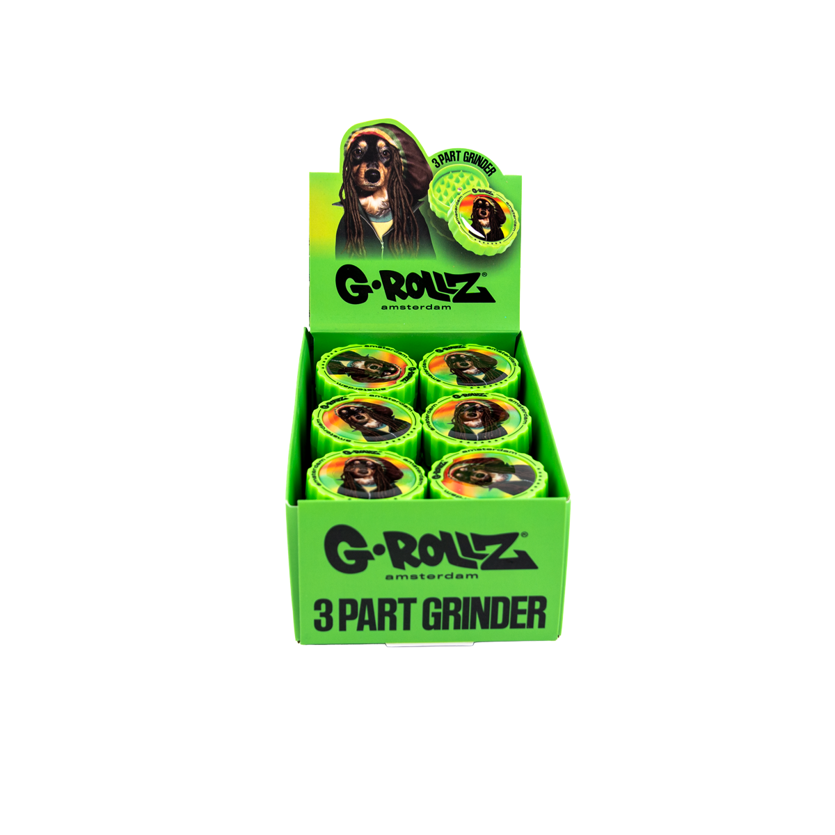 G-Rollz Rasta Dog 3 Part Grinders - (18 Pack)