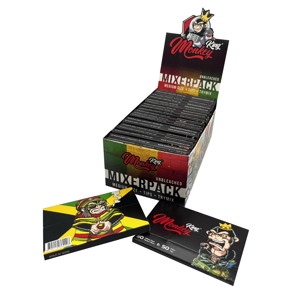 Monkey King Rolling Papers, Tips & Tray: TryMix Mixer Pack - Medium 1¼ Unbleached (24 Pack)