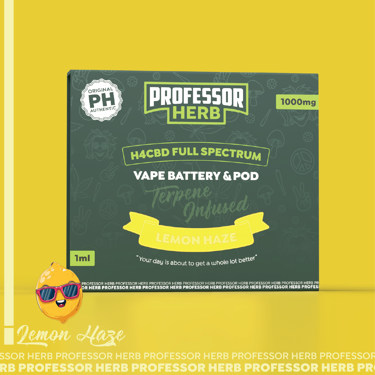 Professor Herb vape battery and pod packaging on a yellow background