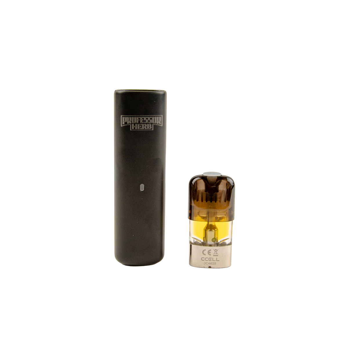 Black H4CBD Professor Herb vape and pod on a white background 