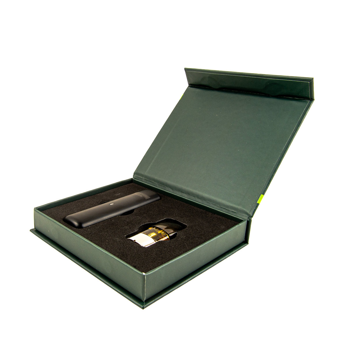 Green vape kit box with a vape battery and pod inside on a white background