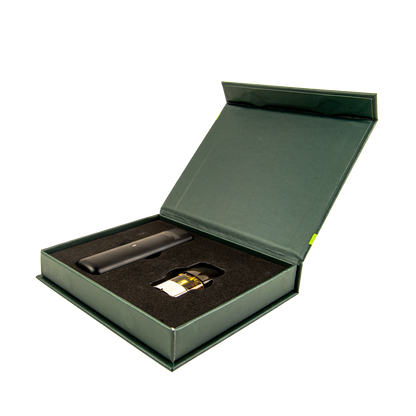 Green vape kit box with a vape battery and pod inside on a white background