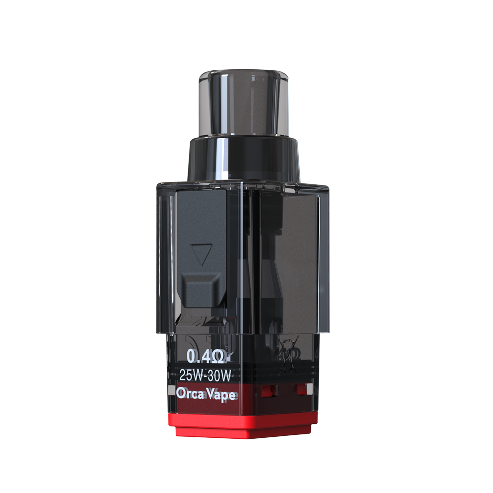 A single vape pod device by Orca Vape, featuring a translucent dark gray body, a black top cap, and a red base, with white text indicating '0.4Ohm', '25W-30W', and 'OrcaVape'.