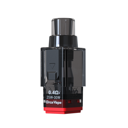 A single vape pod device by Orca Vape, featuring a translucent dark gray body, a black top cap, and a red base, with white text indicating '0.4Ohm', '25W-30W', and 'OrcaVape'.