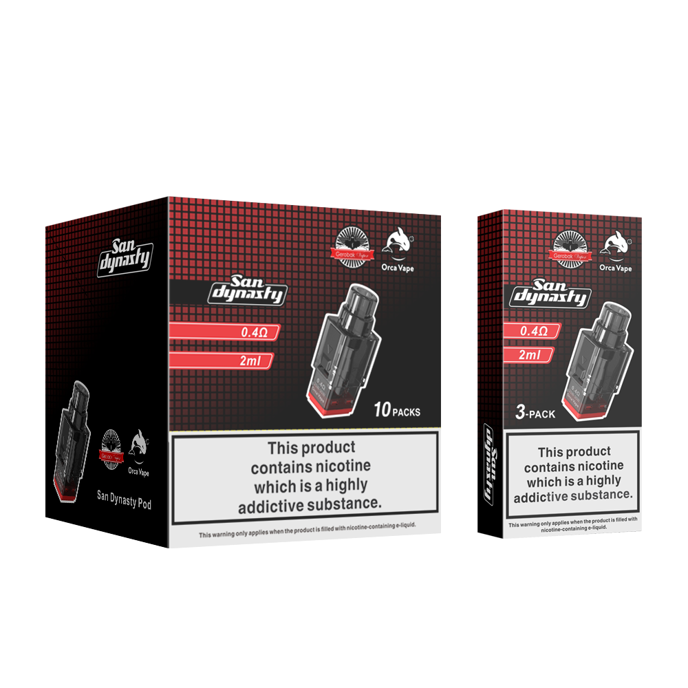 San Dynasty One Vape Pod packaging shown on a white background, with a large 10-pack box and a smaller 3-pack box beside it. The boxes are black and red with product imagery and a nicotine warning label.