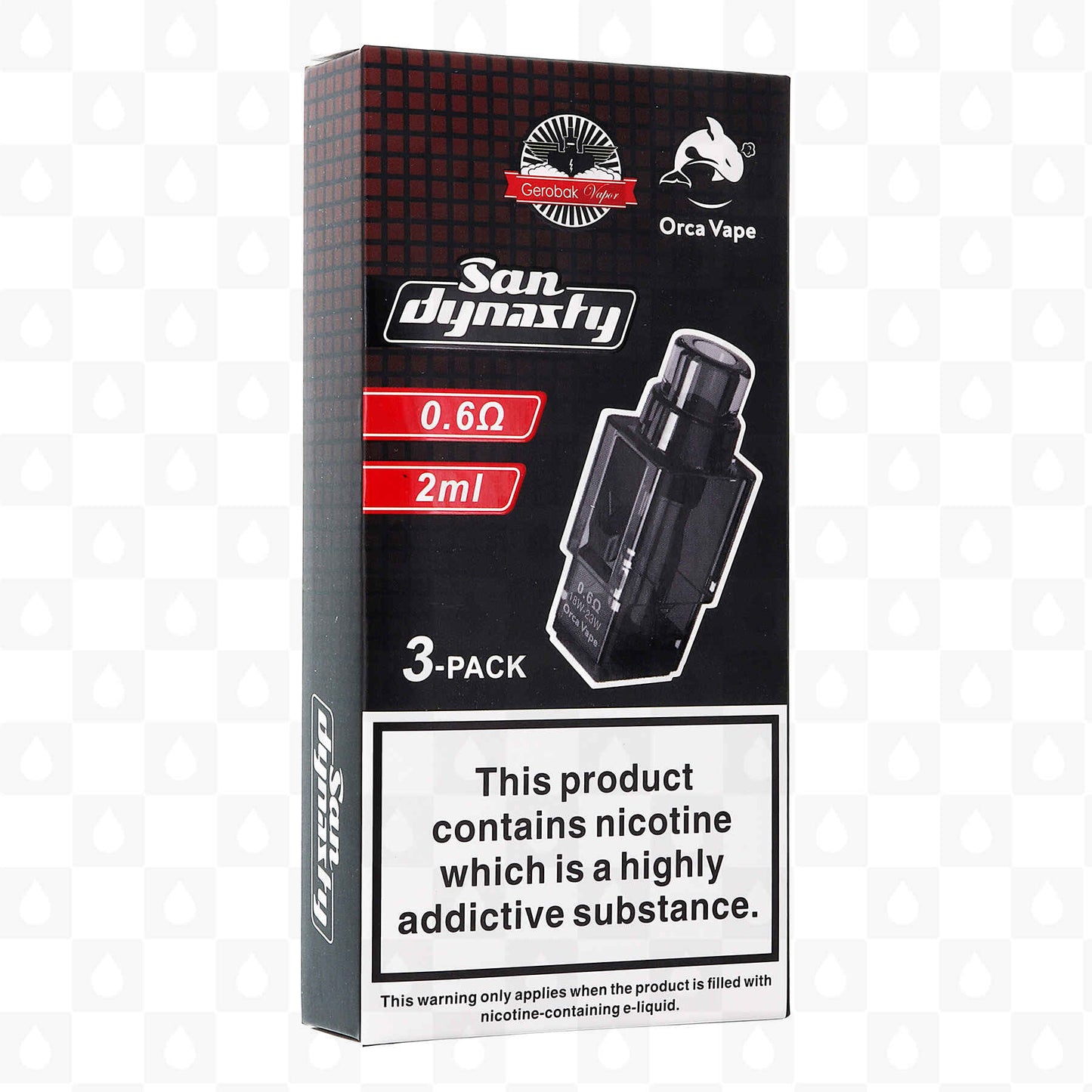 San Dynasty 0.6Ω 2ml disposable vape e-liquid 3-pack box by Orca Vape, featuring a black and red design with a product illustration and a prominent nicotine warning label.