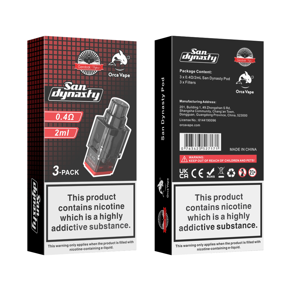 San Dynasty Orca Vape 3-pack disposable vape pod packaging, showing both the front and back views of the black and red retail box on a white background.