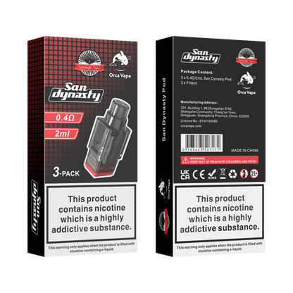 San Dynasty Orca Vape 3-pack disposable vape pod packaging, showing both the front and back views of the black and red retail box on a white background.
