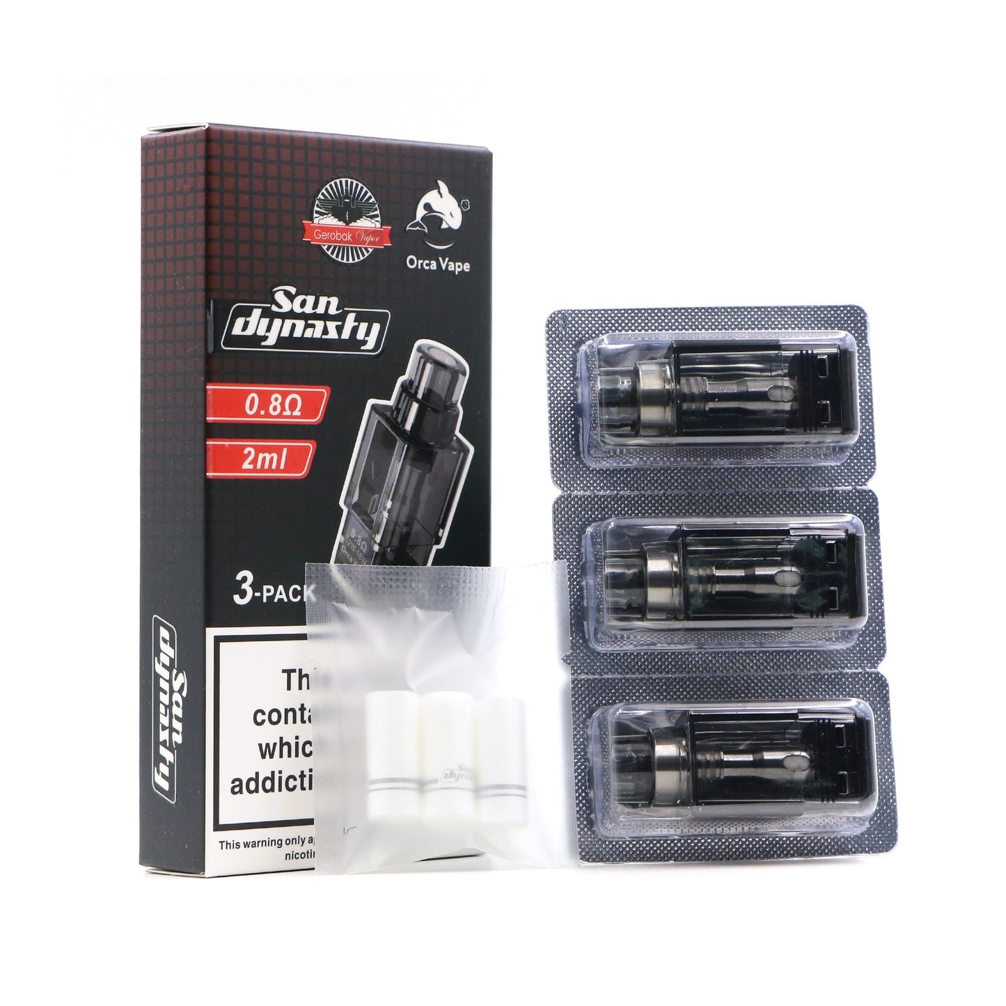 San Dynasty Onca Vape 3-pack of 0.8 Ohm 2ml disposable vape pods, showing the black retail box, three individual pods in blister packaging, and three white disposable pods on a white background.